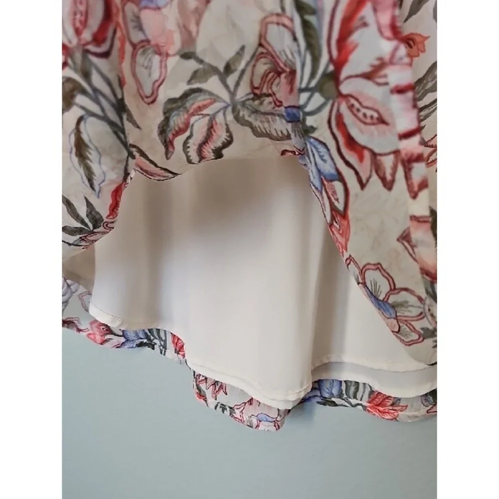 LOFT Women Cottagecore Floral Ruffle Neck Puff Sleeve Lined Blouse Size Large